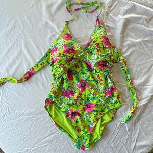 Leilani lime green floral one piece swimsuit size 12